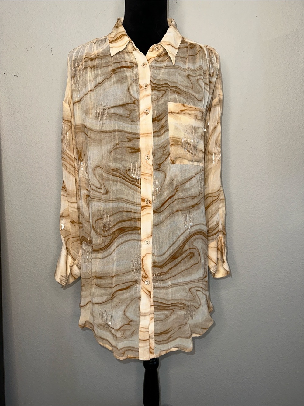 Pilcro‎ Marble-Print Button Front Tunic in Cream and Brown Swirl